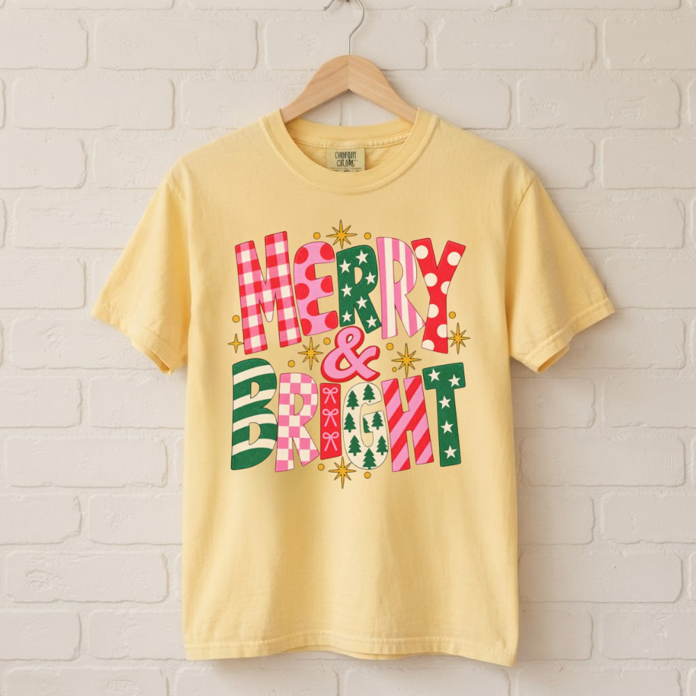 Comfort Colors Merry and Bright Christmas Trees Stars Plaid T-Shirt